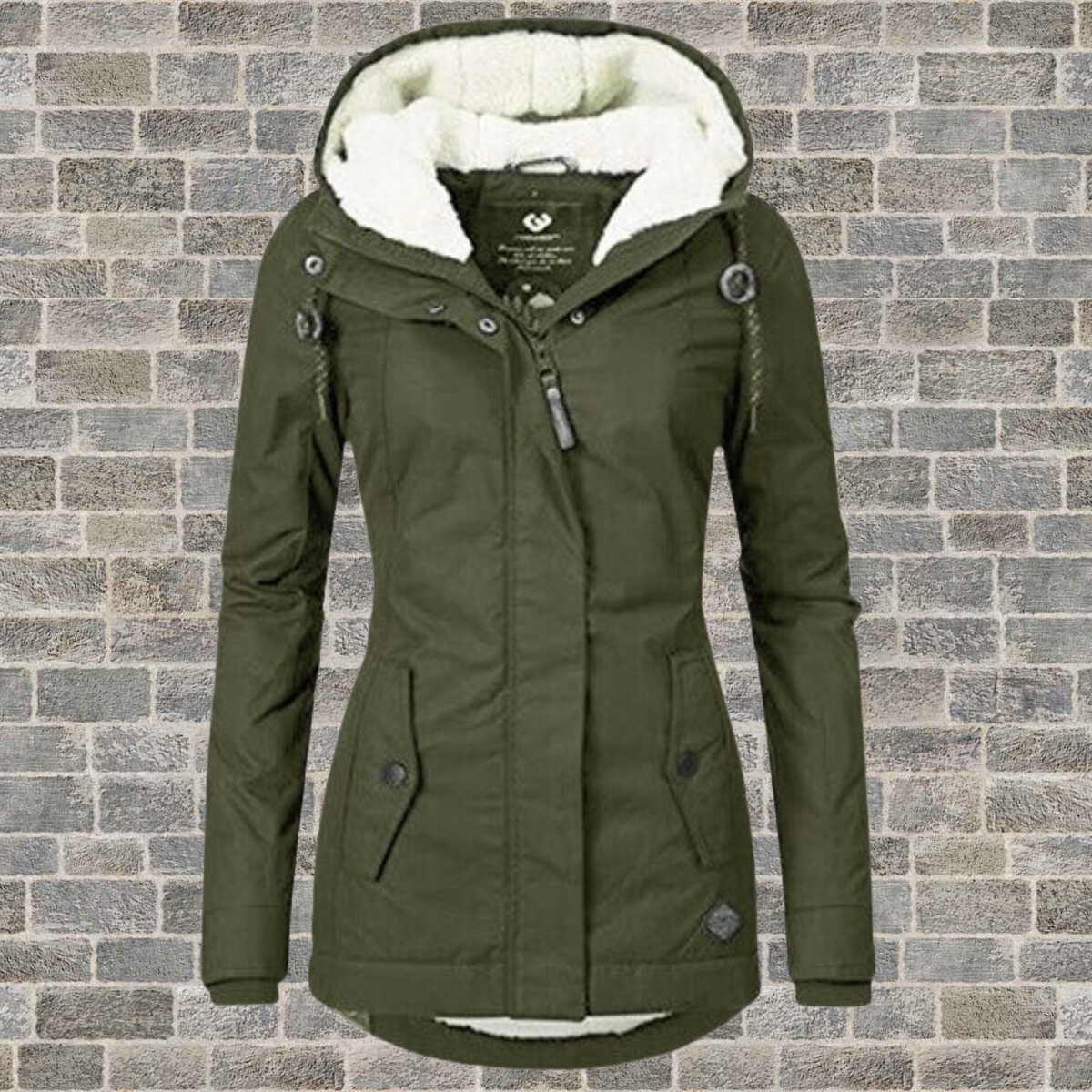 Army green coat with a cream hood lining and shaped waist.