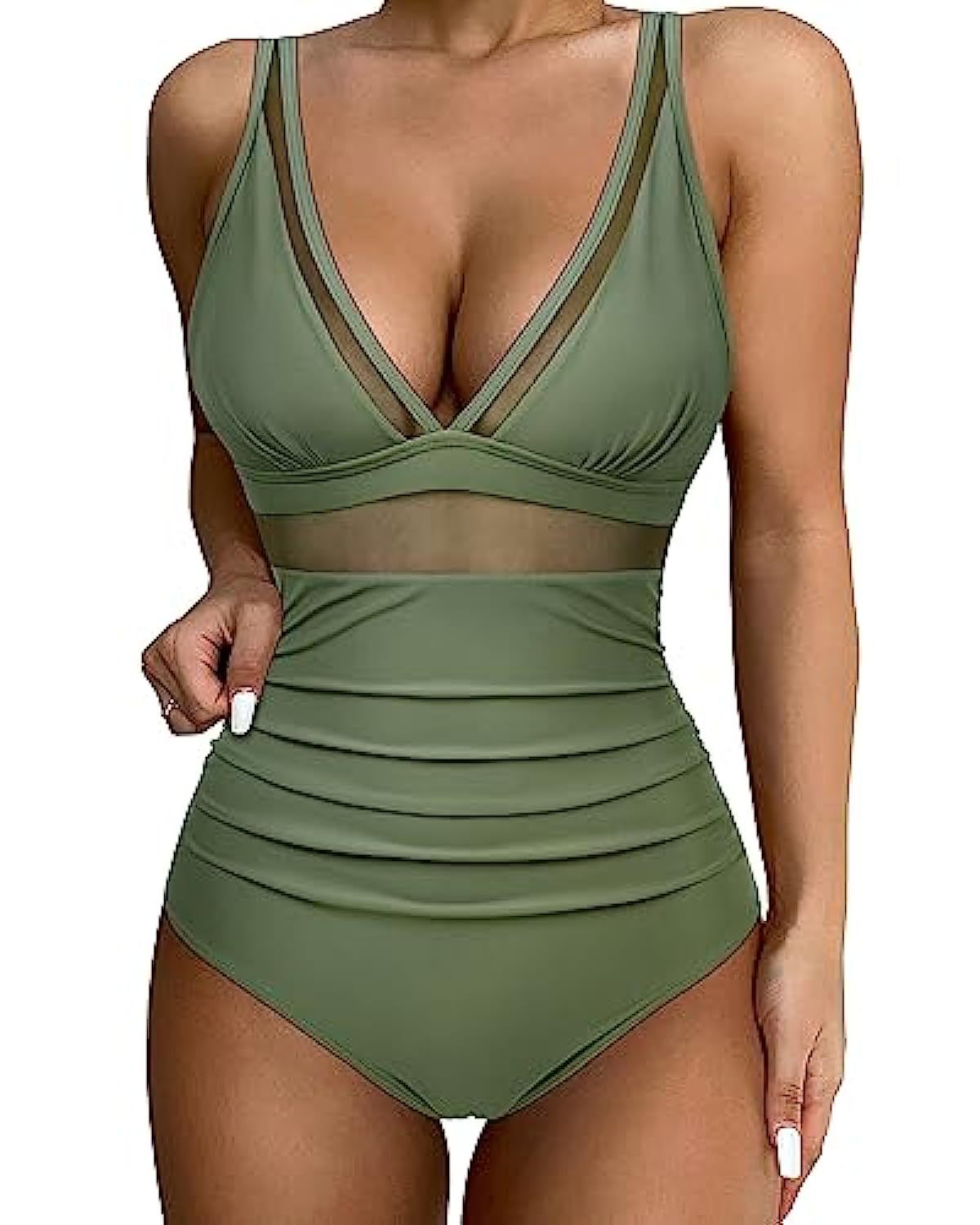 Olive green swimsuit with gathered front panels and a mesh V neckline.