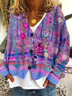 Purple-toned cardigan with a colourful pattern and V-shaped neckline.