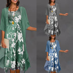 Collage showing floral dress sets in green, grey and blue.