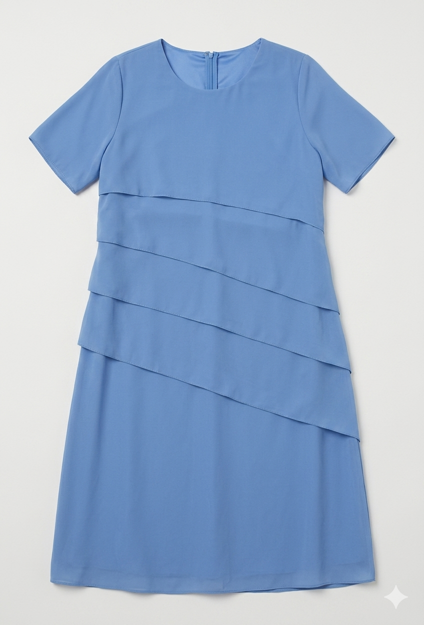 Light blue dress laid flat with diagonal layers and short sleeves.