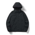 Black hooded jacket with a covered front opening and cuff tabs.