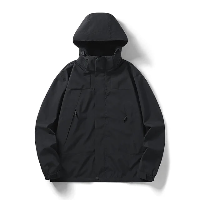 Black hooded jacket with a covered front opening and cuff tabs.