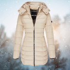 Beige-khaki quilted coat with a fitted waist and long sleeves.