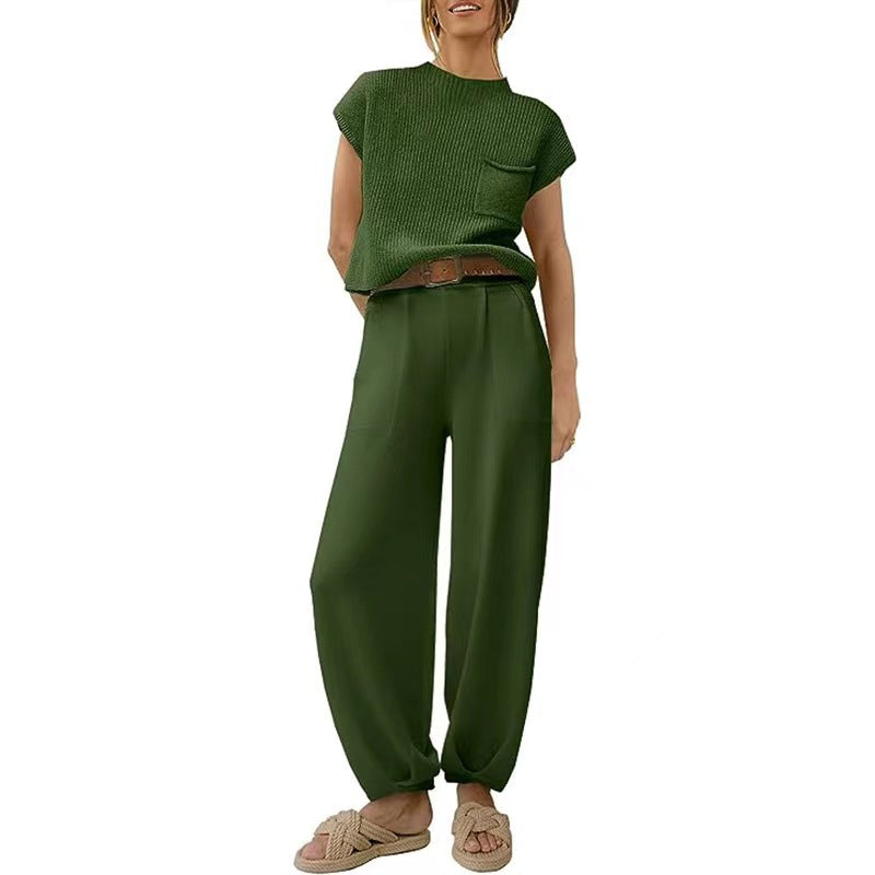 Green two-piece set styled with a brown belt and sandals.