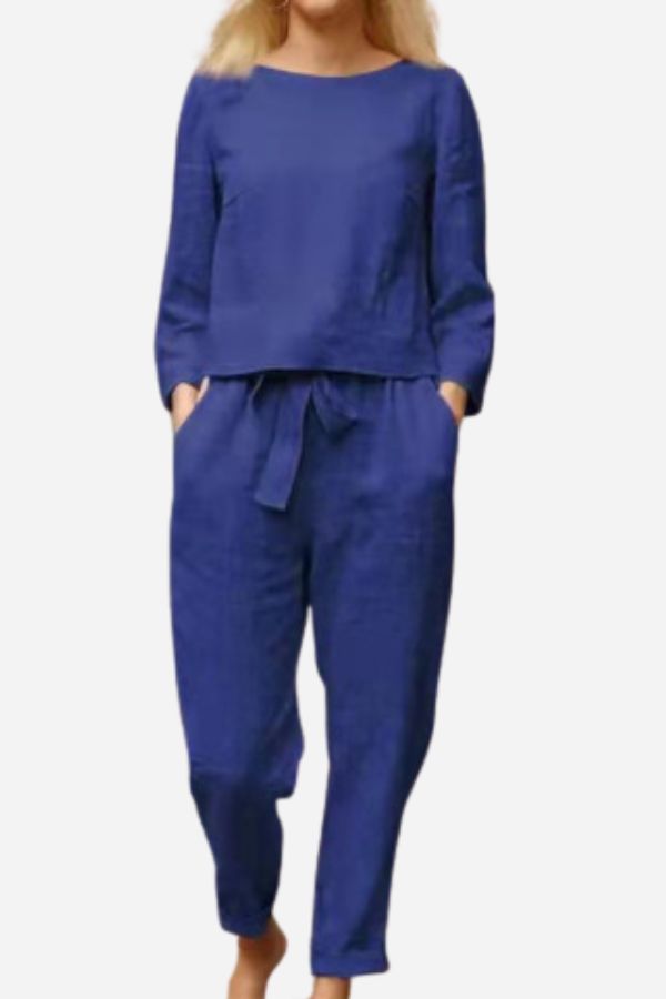Royal blue set with a round-neck top and trousers.