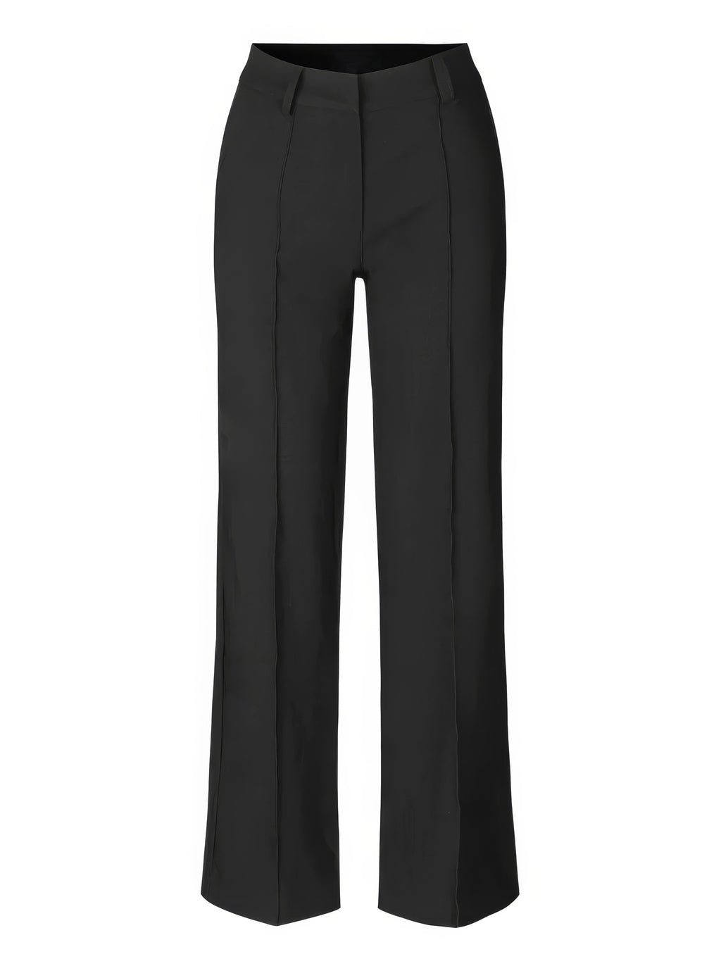 Black trousers laid out to show front seams and belt loops.