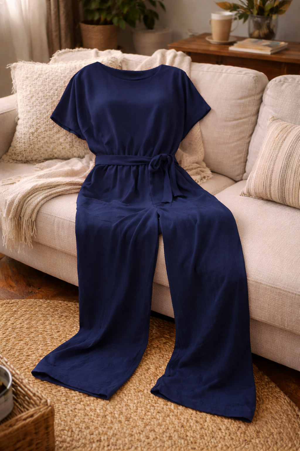 Dark blue jumpsuit with a gathered waist and tie belt, displayed on a sofa.