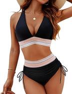 Black bikini shown from the front against a white background.