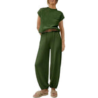 Green knit top and matching trousers with gathered hems.