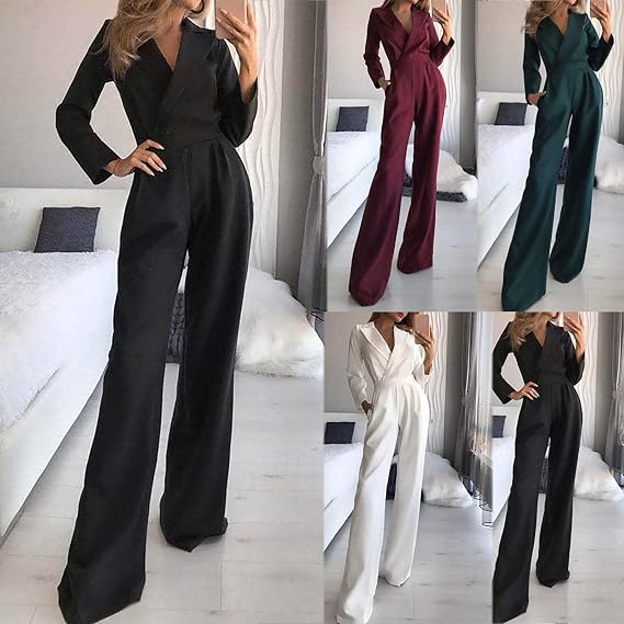 Long-sleeve jumpsuits in black, red, green and white shown in a collage.