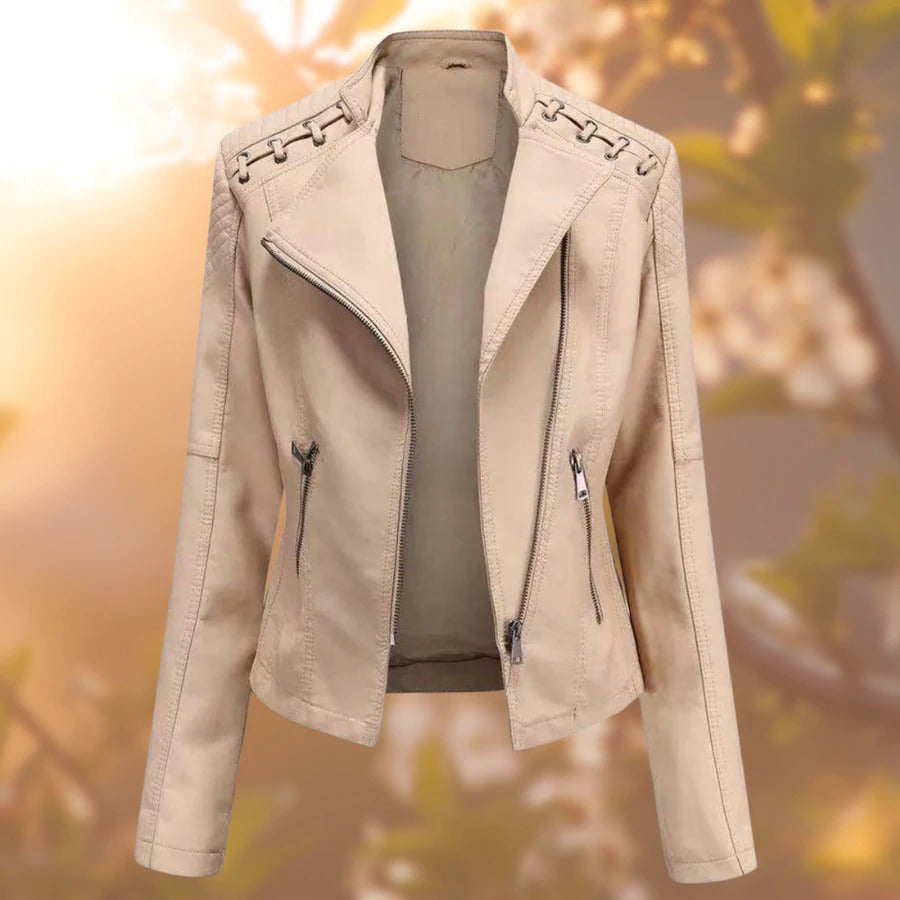 Pale beige jacket with shoulder lacing and wide front edges.