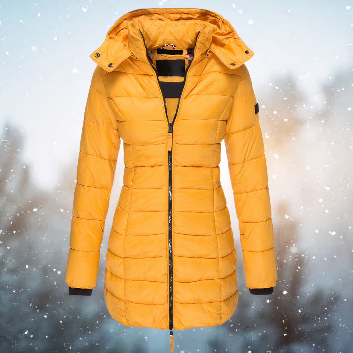 Yellow quilted coat with a high collar and hood.