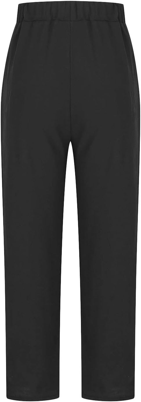 Front view of black trousers with an elasticated waist.