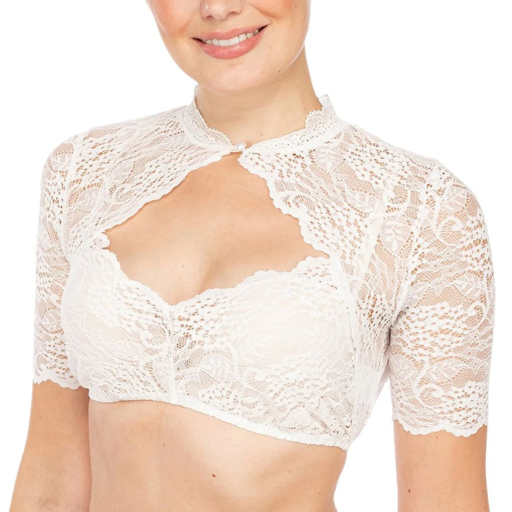 White short-sleeve lace blouse shown from the front.