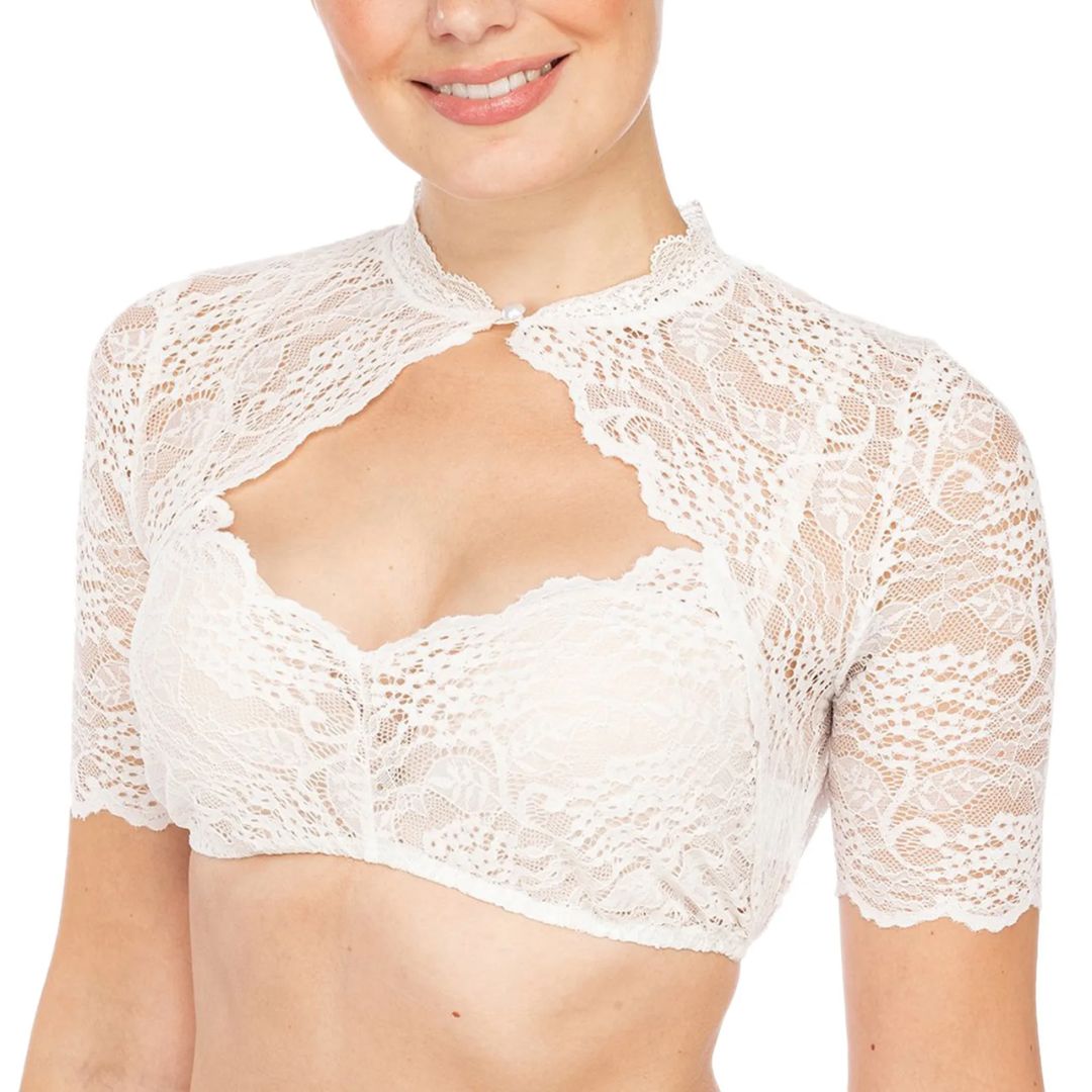 White short-sleeve lace blouse shown from the front.
