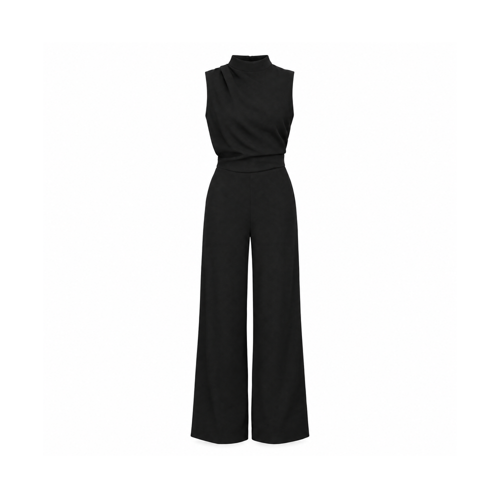 Sleeveless Wide-Leg Jumpsuit With a Draped Neckline and Open Back