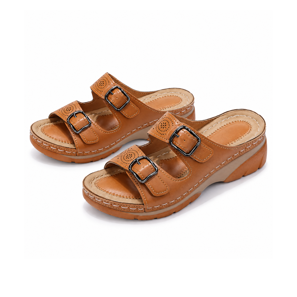 Buckle Slide Sandals, Perforated Straps and Raised Heel — front view
