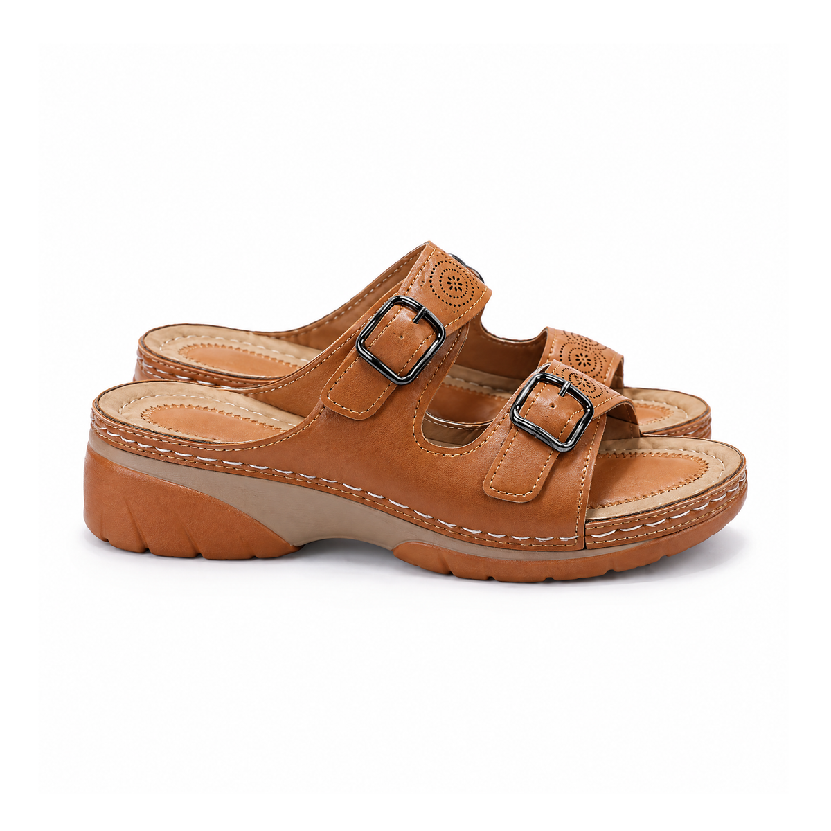 Buckle Slide Sandals, Perforated Straps and Raised Heel — angled view