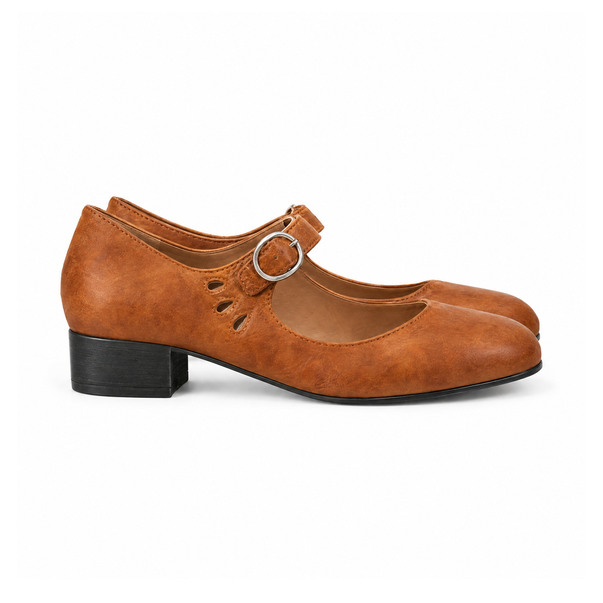 Mary Jane Shoes, Buckled Straps and Low Block Heels — angled view
