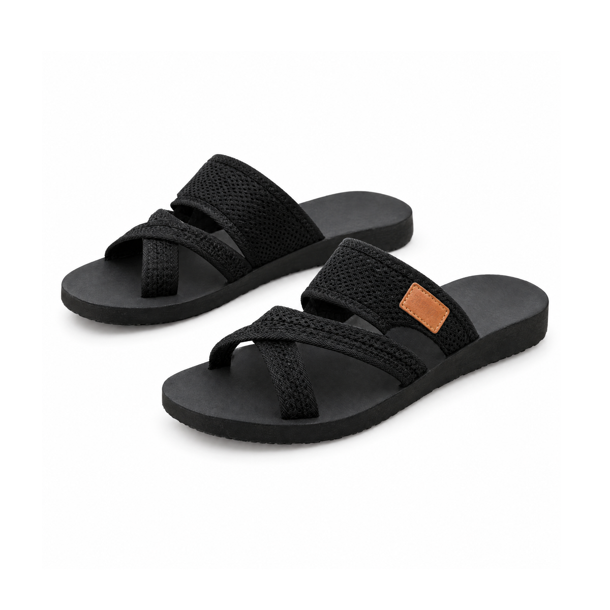 Mesh Strap Sandals, Slip-On Shape With Toe Post and Flat Sole — front view