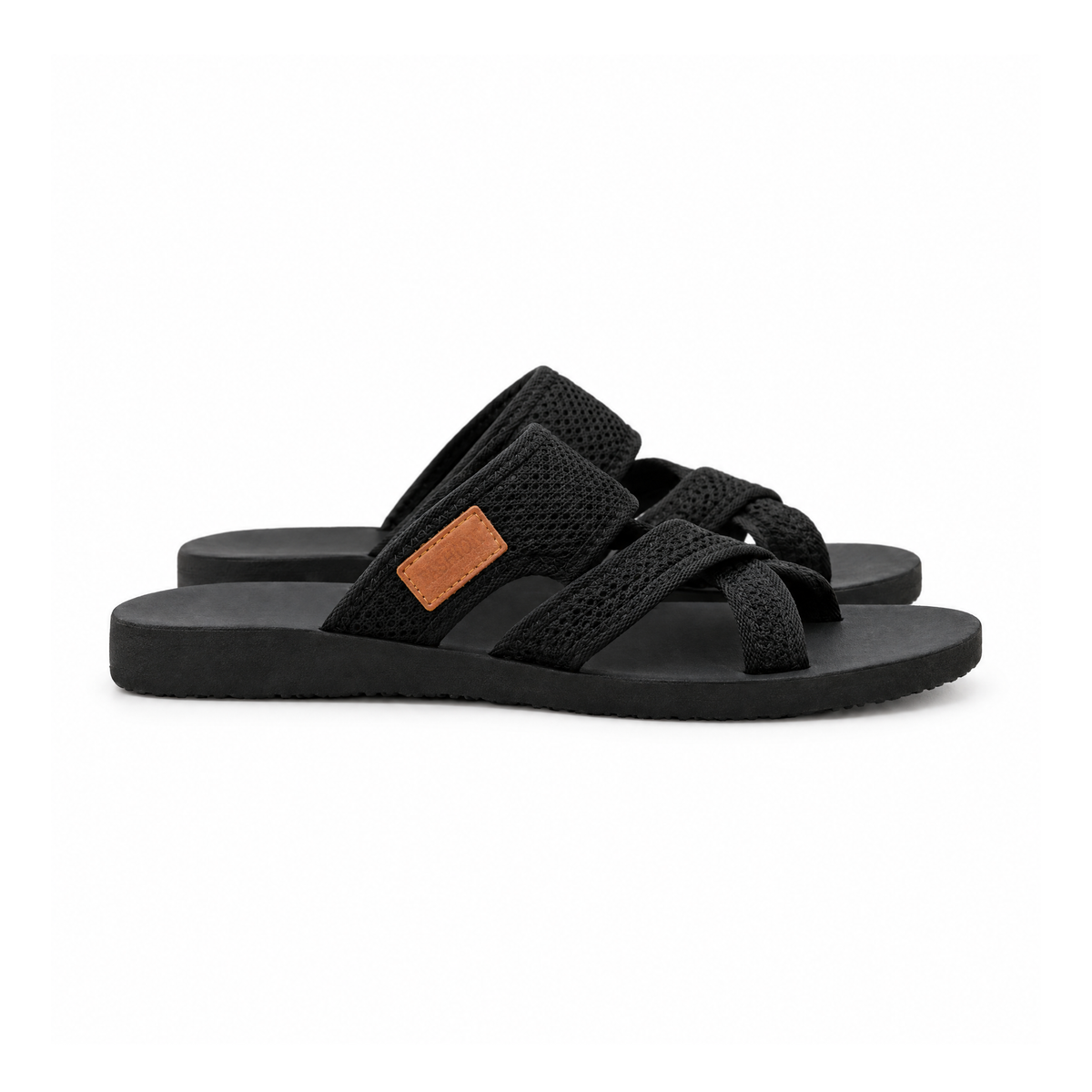 Mesh Strap Sandals, Slip-On Shape With Toe Post and Flat Sole — angled view