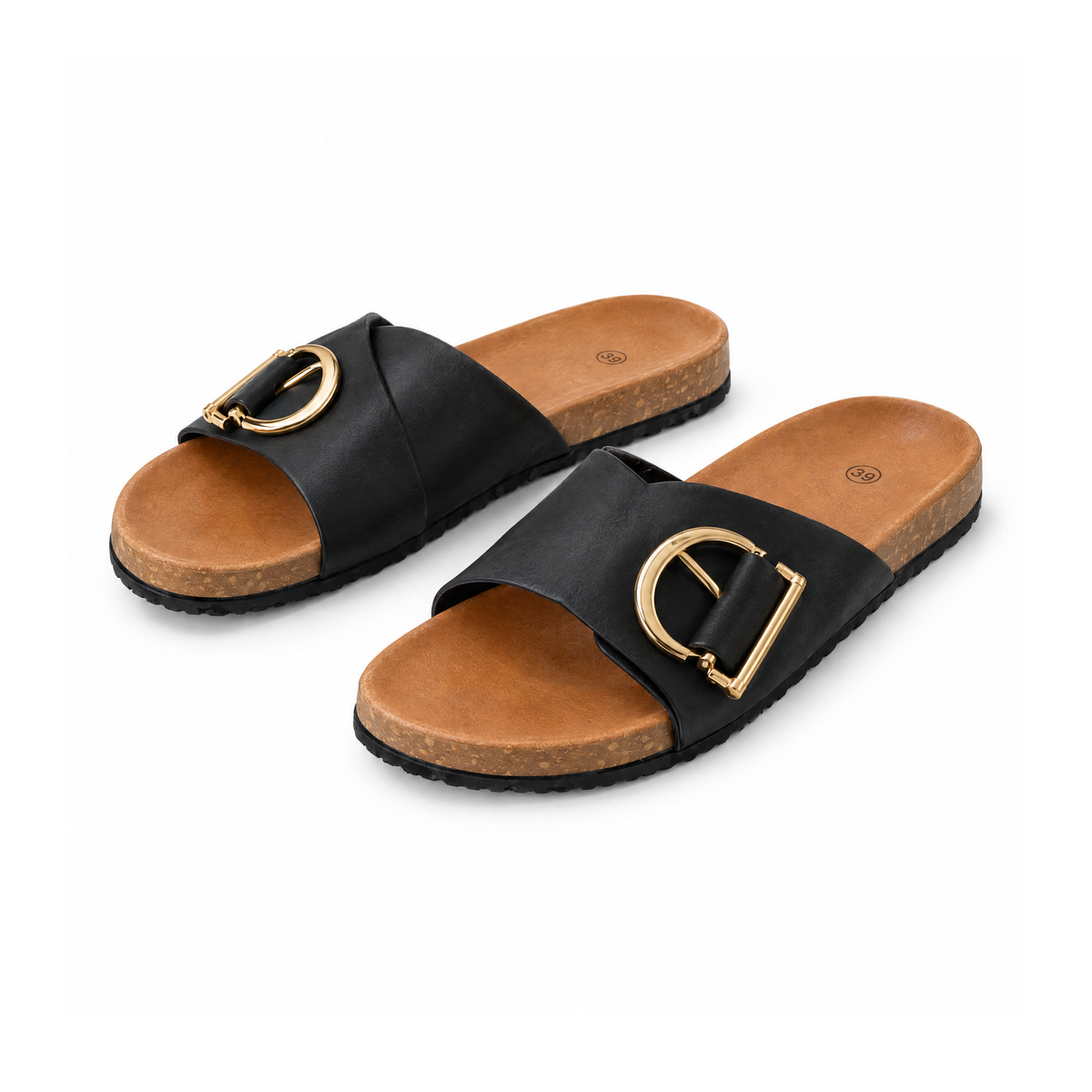 Flat Slip-On Sandals With D-Shaped Metal Strap Details — front view