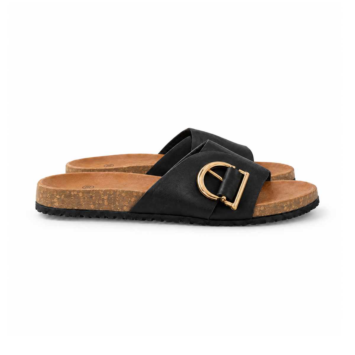 Flat Slip-On Sandals With D-Shaped Metal Strap Details — angled view
