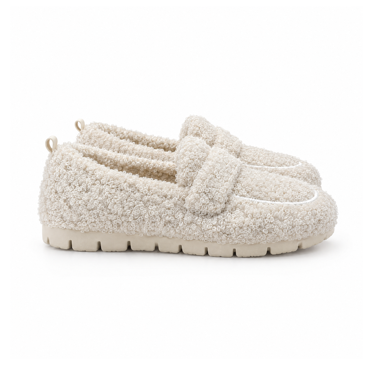 Plush Loafer-Style Slippers With a Grooved Rubber Sole — angled view
