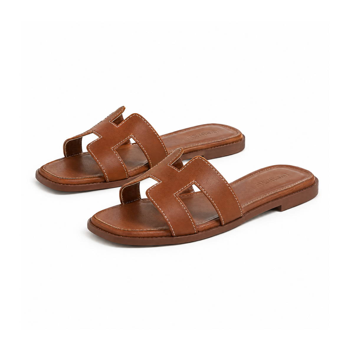 Flat Slip-On Sandals With Cut-Out Straps and Stitching — front view