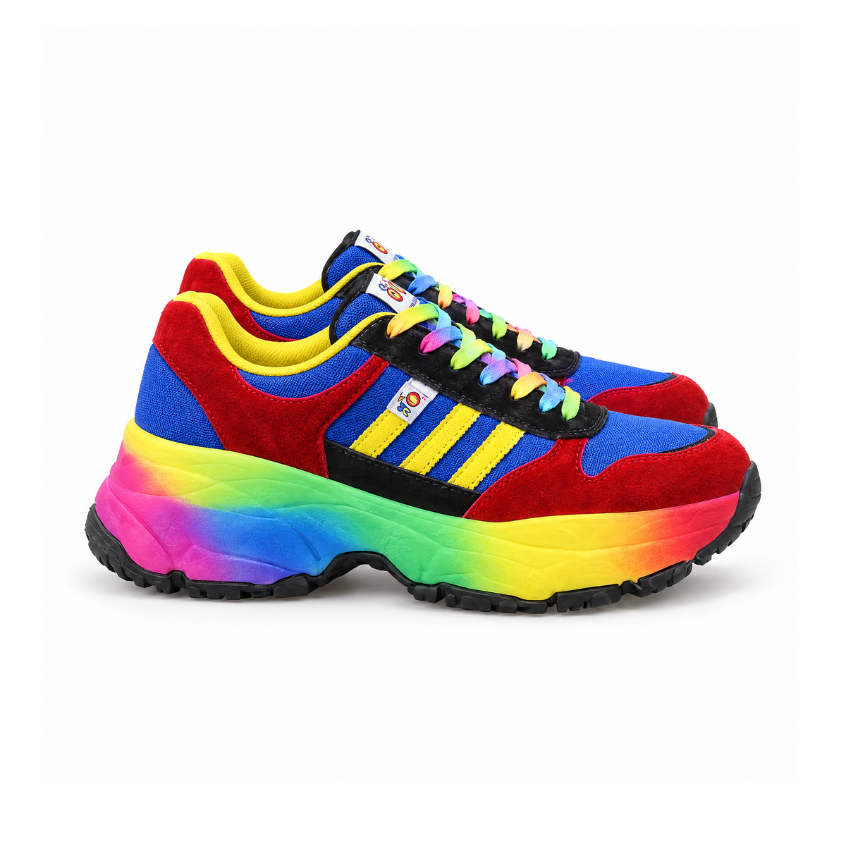 Rainbow Sole Sneakers With Laces and Colourblock Uppers — angled view