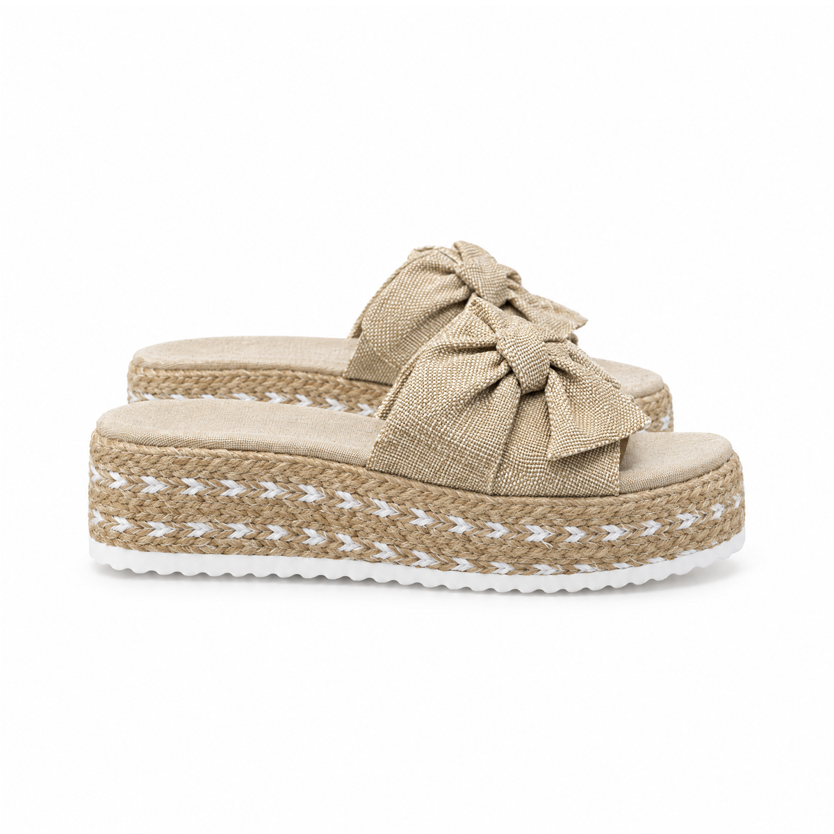 Platform Slide Sandals With Broad Bow Straps and Open Toes — angled view