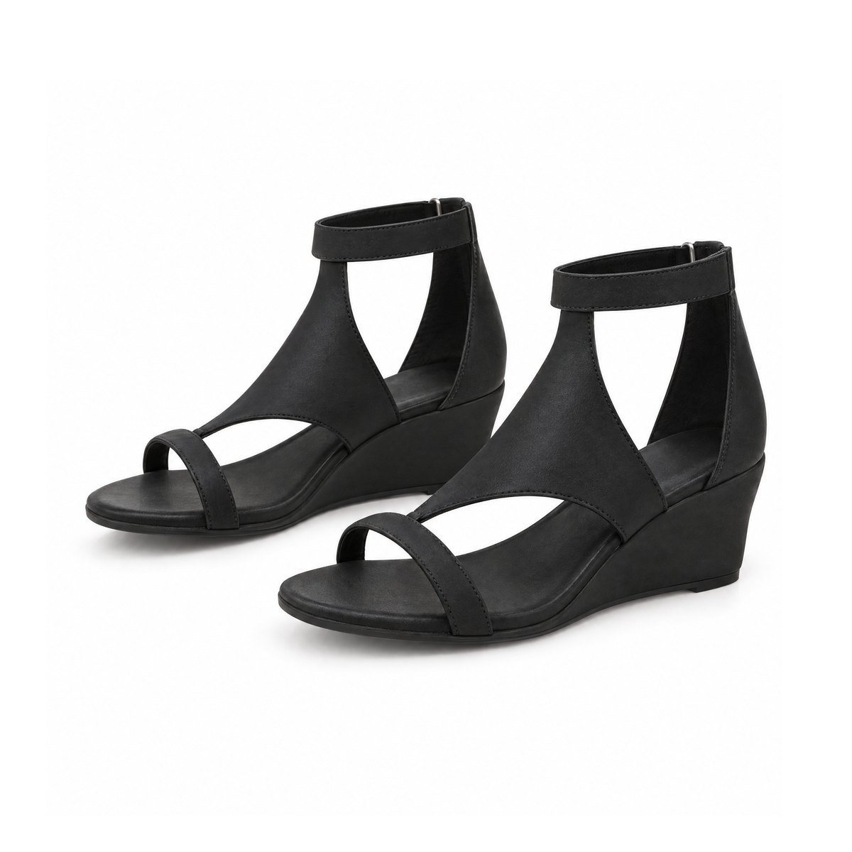 Faux-Leather Wedge Sandals With Ankle Straps - MoonFeet — front view