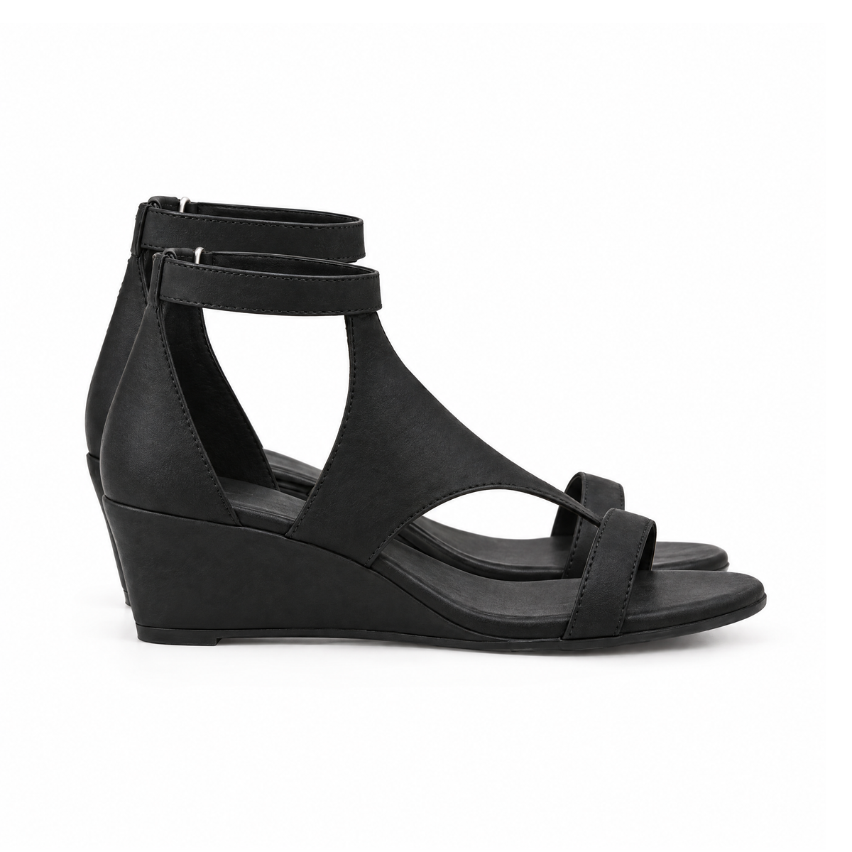 Faux-Leather Wedge Sandals With Ankle Straps - MoonFeet — angled view