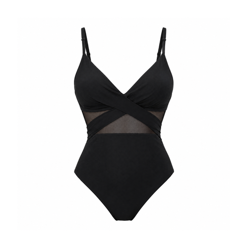 Black One-Piece Swimsuit With a Crossover Front and Mesh Panel — front view