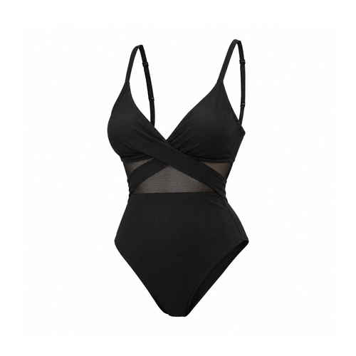 Black One-Piece Swimsuit With a Crossover Front and Mesh Panel — angled view