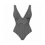 Striped V-Neck One-Piece Swimsuit With a Wide Waist Panel, Aurora — front view