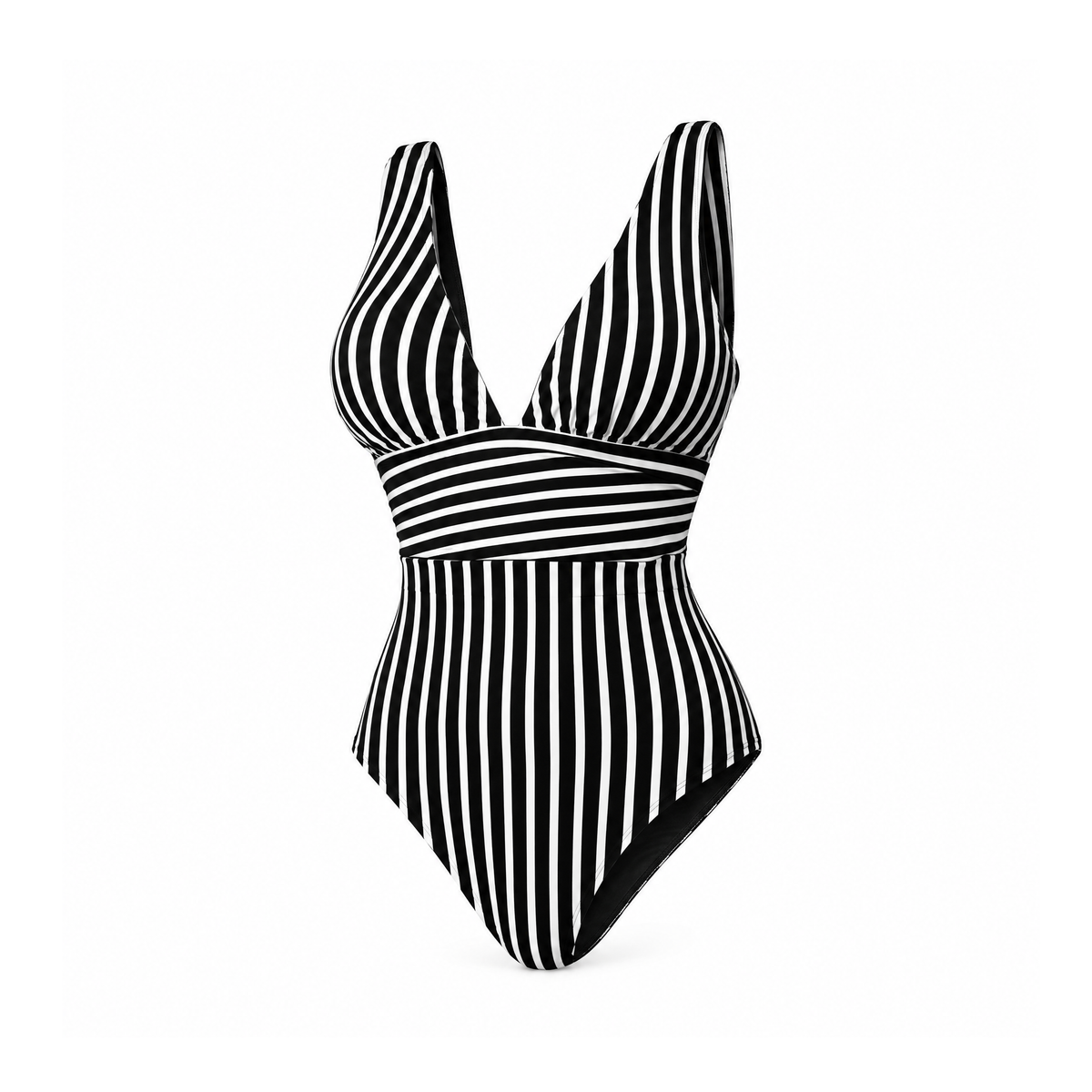 Striped V-Neck One-Piece Swimsuit With a Wide Waist Panel, Aurora — angled view