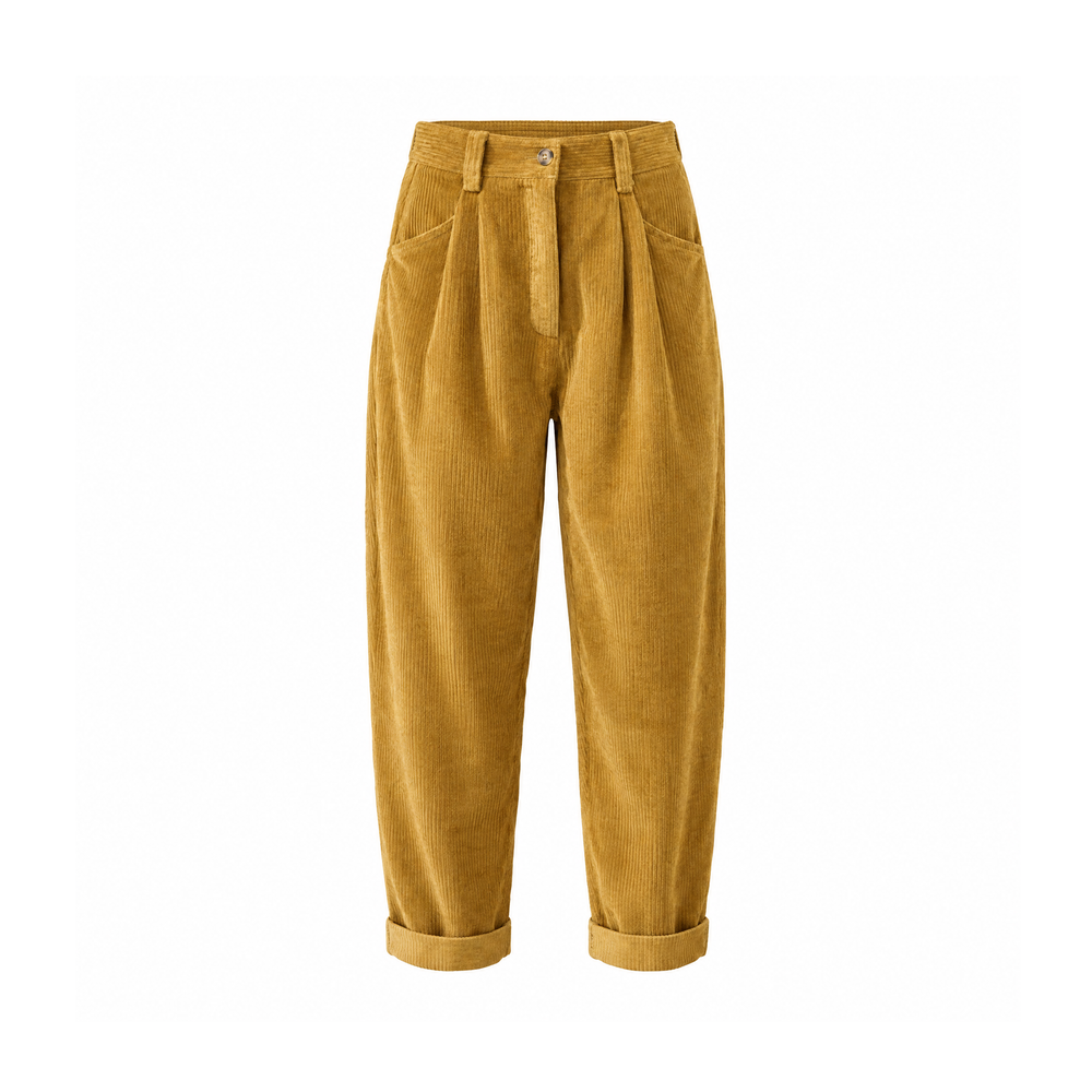 Corduroy-Style Trousers With Front Pleats and Side Pockets