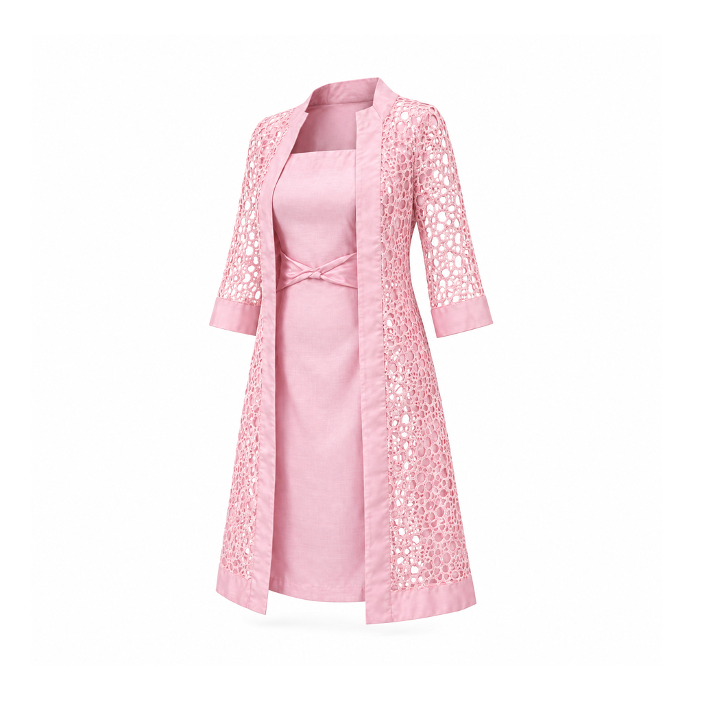 Two-Piece Knee-Length Dress With a Lace-Effect Jacket — angled view
