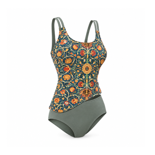 Asymmetric Tankini With Floral Print and Plain Briefs, Akira — angled view