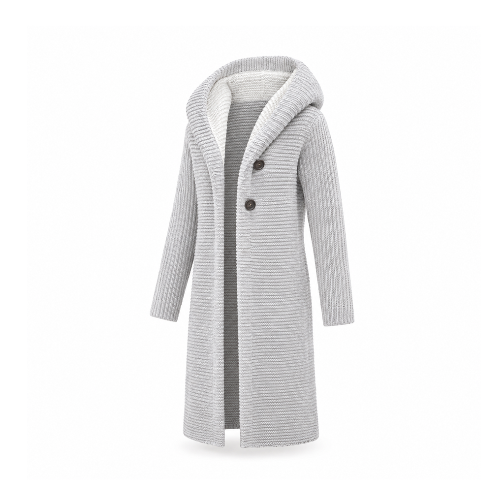 Long Hooded Cardigan With Textured Knit and Buttons, Selena — angled view