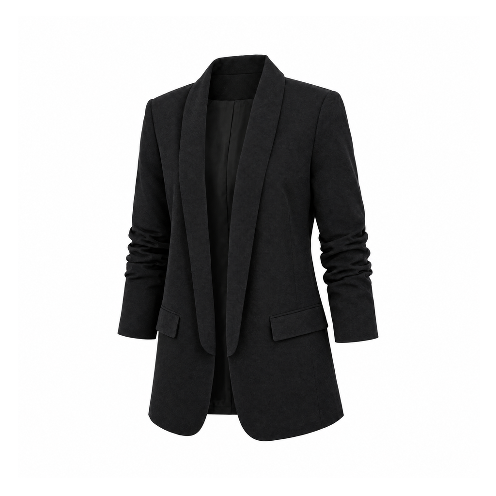 Open-Front Polyester Blazer With a Shawl Collar and Pockets — angled view