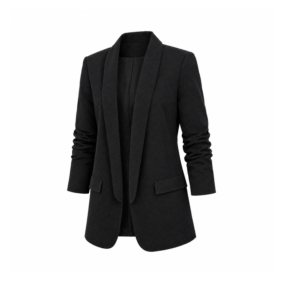 Open-Front Polyester Blazer With a Shawl Collar and Pockets — angled view