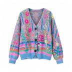 Retro V-Neck Cardigan With a Colourful Knit-Effect Print — front view