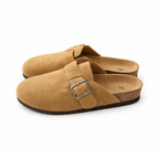 Closed-Toe Slip-On Clogs With Wide Buckle Straps and Flat Soles — front view