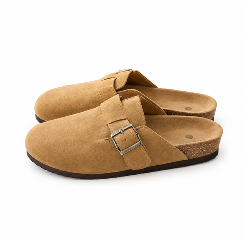 Closed-Toe Slip-On Clogs With Wide Buckle Straps and Flat Soles — front view