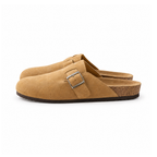 Closed-Toe Slip-On Clogs With Wide Buckle Straps and Flat Soles — angled view