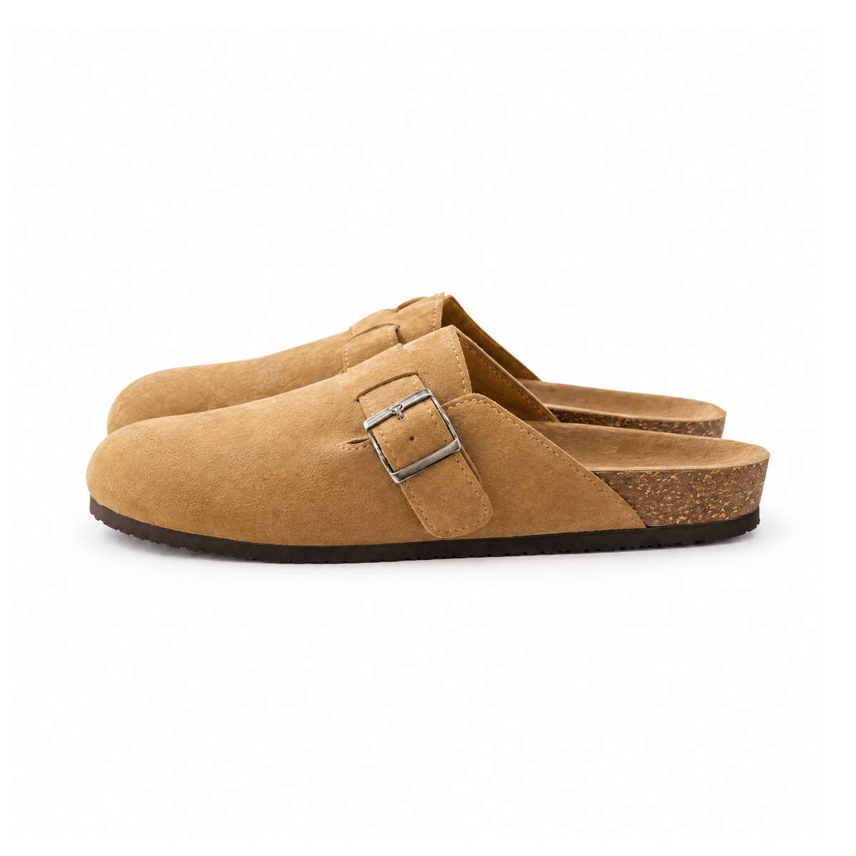 Closed-Toe Slip-On Clogs With Wide Buckle Straps and Flat Soles — angled view