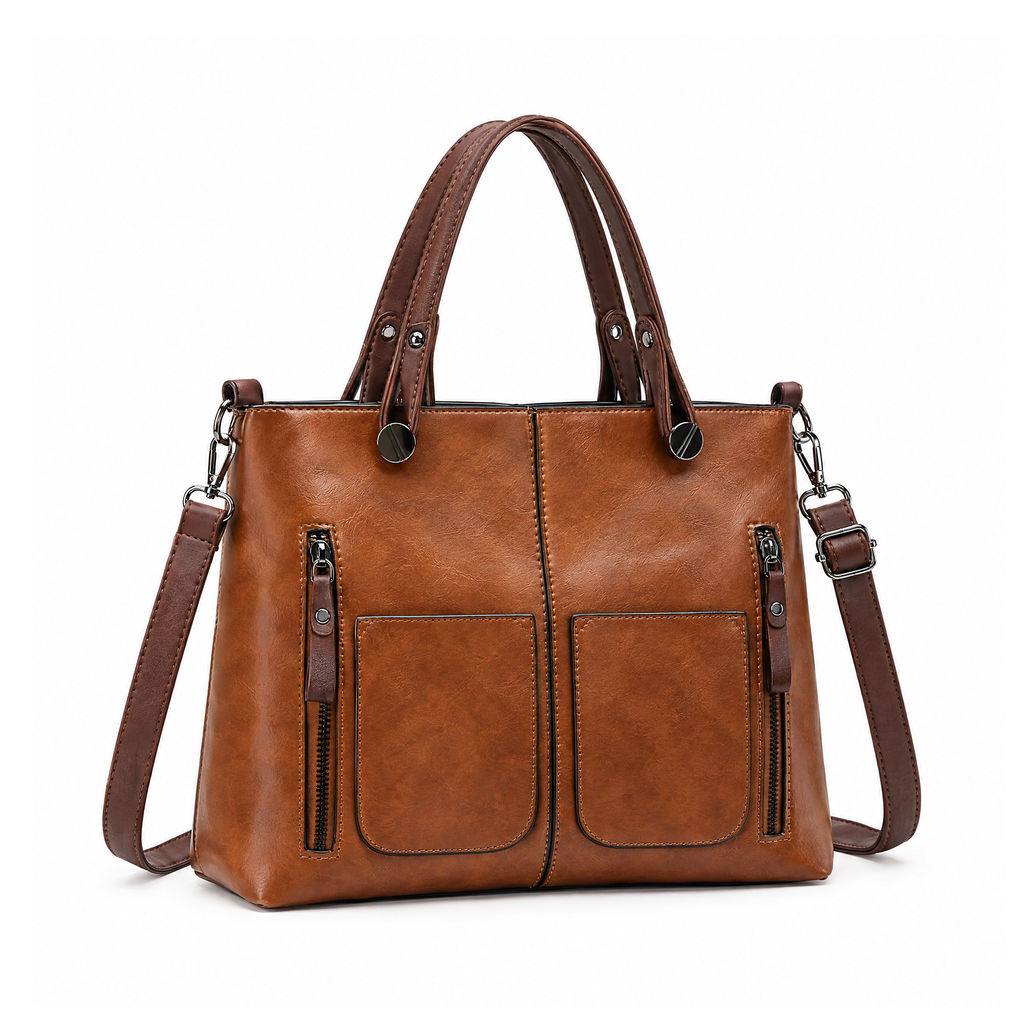 Leather Handbag With Front Pockets and a Detachable Shoulder Strap — angled view